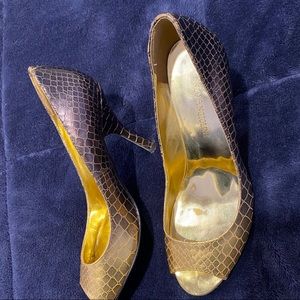 Gold ombré snakeskin peep toe heels